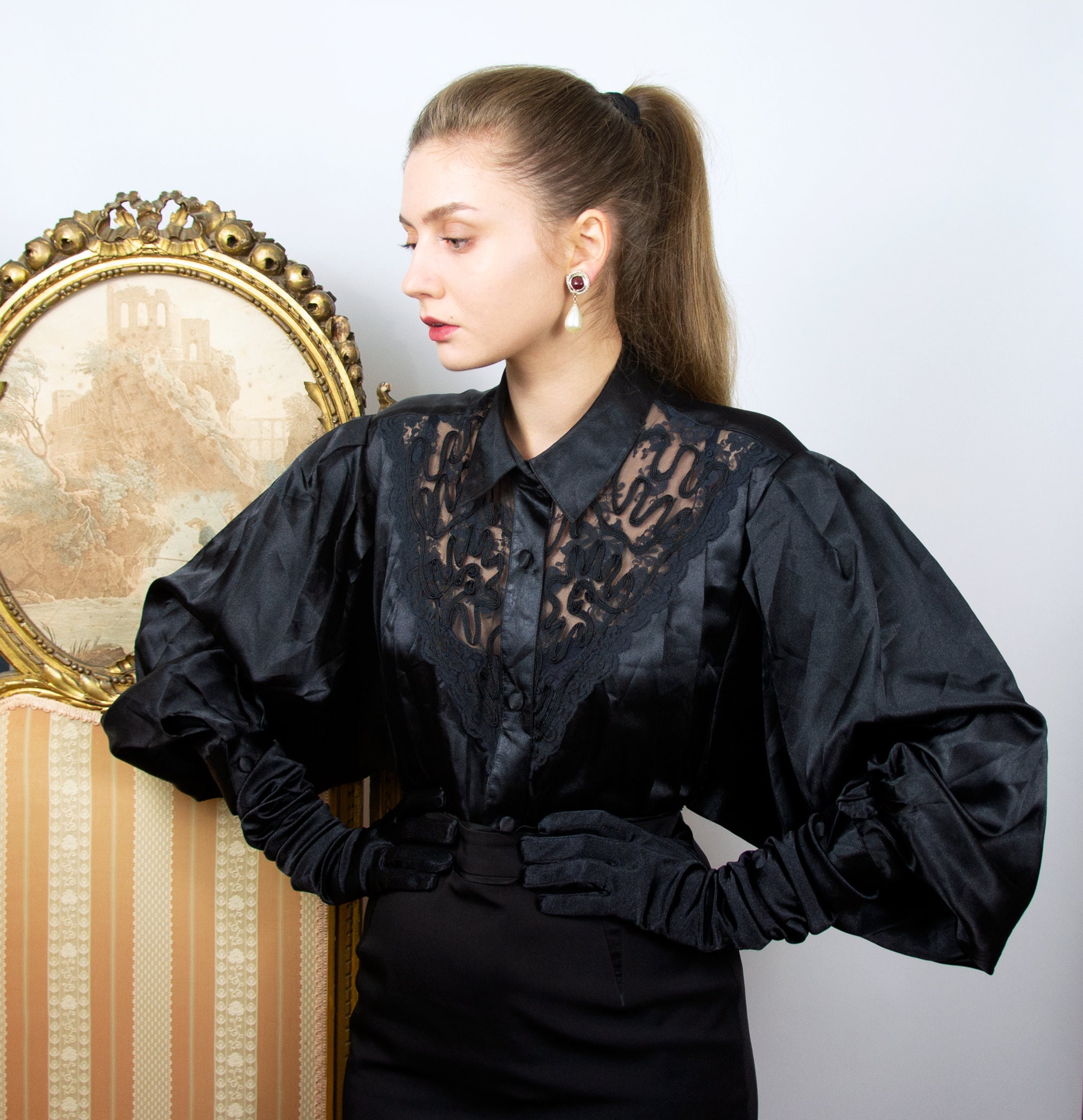 Vintage Black Balloon Sleeve Blouse 