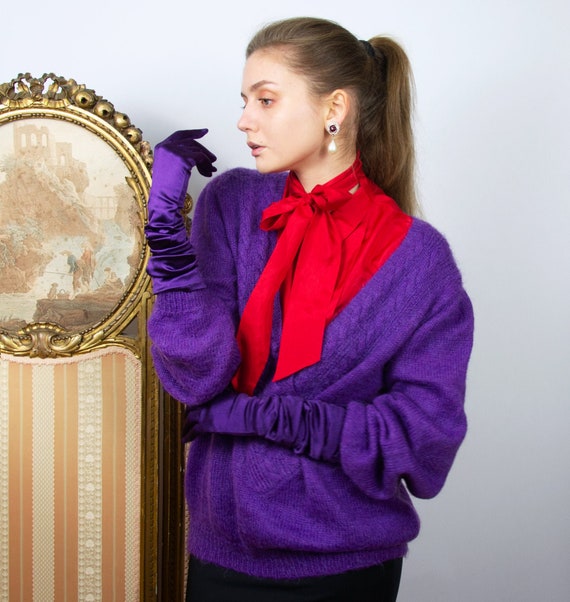 Vintage Purple Wool Sweater, Oversized Knitted V-n