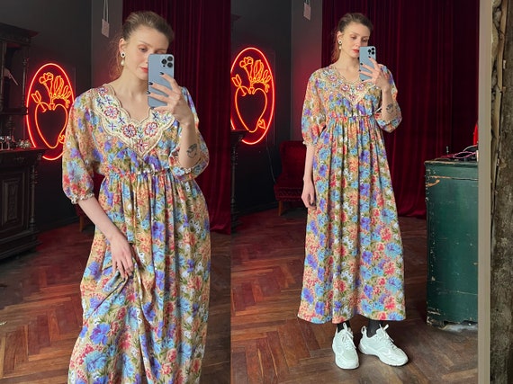 Vintage Floral Dress With Embroidery Oversized Maxi Dress Cottage Spring Dress Garden Party Dress Etsy