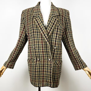 Vintage Classic Tweed Jacket, Double Breasted Houndstooth Wool Blazer