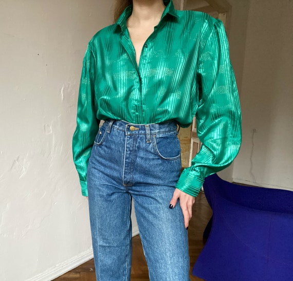 Vintage Green Satin Blouse Silky Long 
