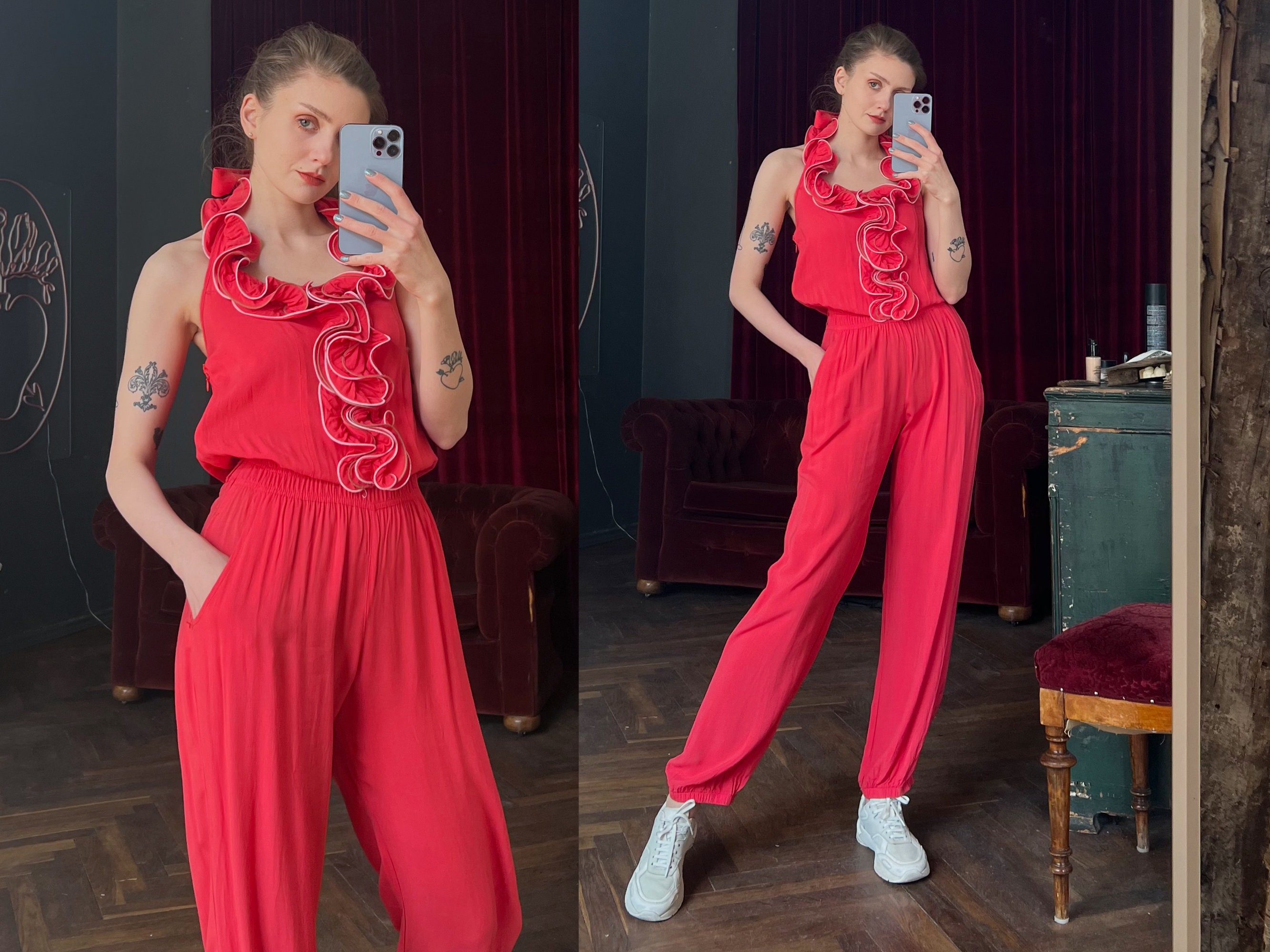 LoveMeForeverVintage Coral Red Jumpsuit with Pockets, Sleeveless Wide Leg Jumpsuit with Ruffles