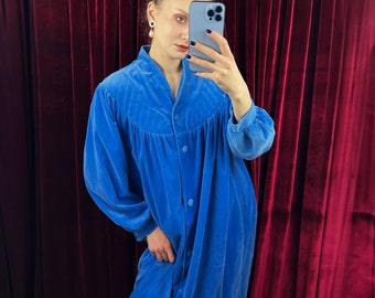 Vintage Blue Velvet dressing gown, Button Up velvet Robe