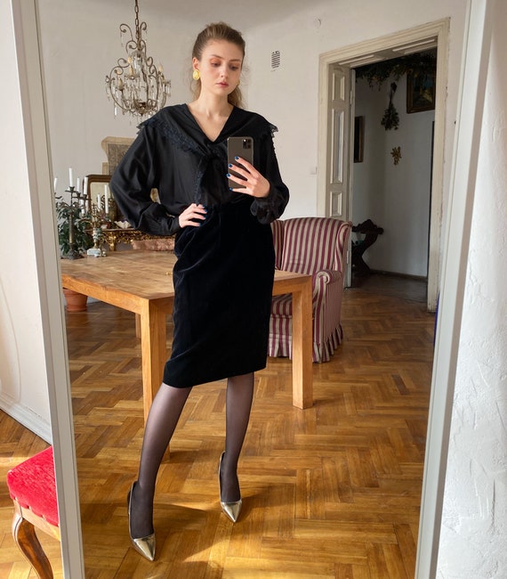 Vintage Velvet Skirt, Black Velvet Midi Skirt