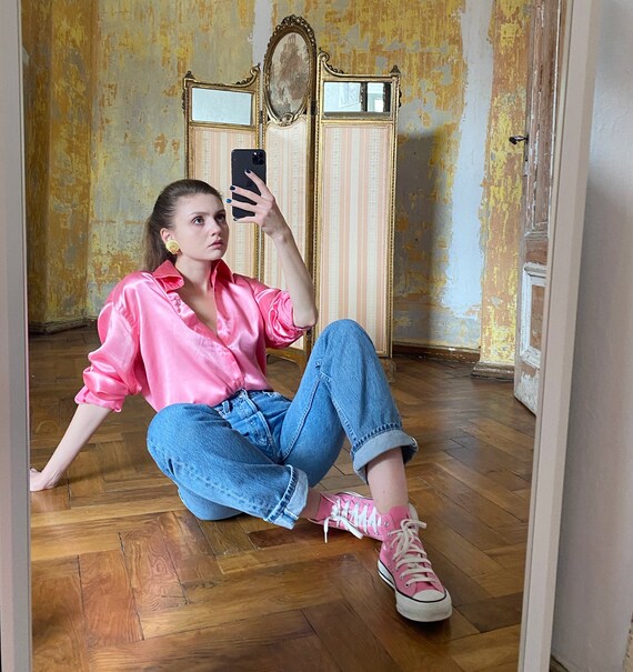 Vintage Pink Satin Shirt, Silky Long Sleeve Blouse