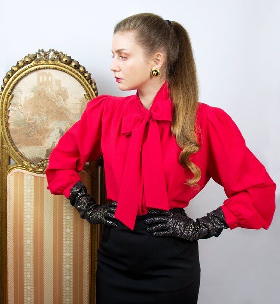 Vintage Red Pussy Bow Blouse, Puff Sleeve Blouse,