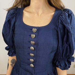 Vintage Navy Blue Silk Dress, Austrian Dress, Prairie Dress, Pure Silk Fit and Flare Dark Cottagecore dress zdjęcie 4