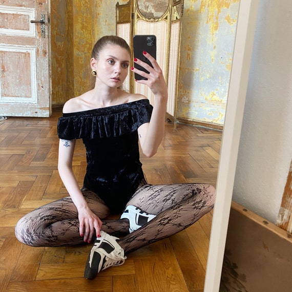 Vintage Velvet Bodysuit, Black Crushed Velvet Body