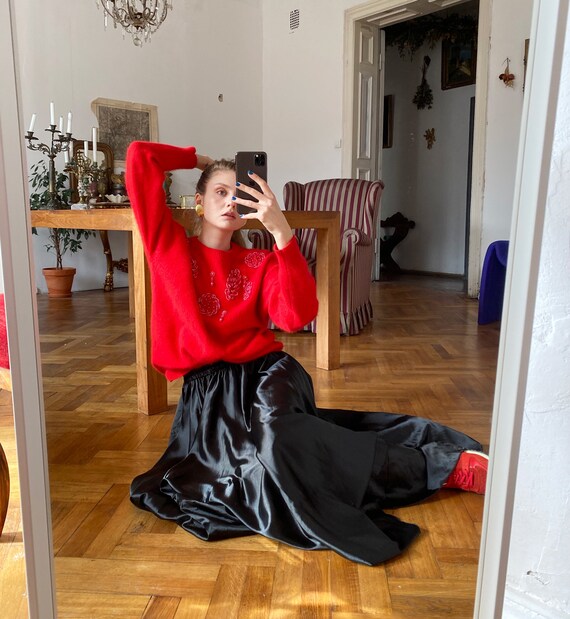 Vintage Black Satin Maxi Skirt, Gothic skirt