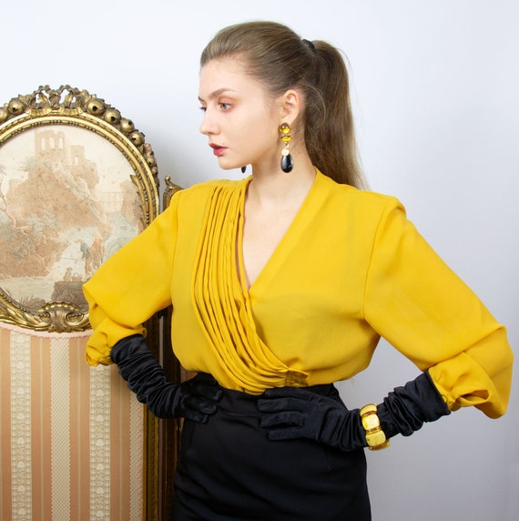 Vintage Mustard Yellow Blouse, V-Neck Puff Long Sl
