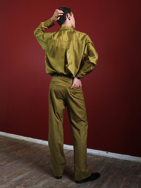 Vintage Silk Men's Shirt, Shiny Mustard Gold Top