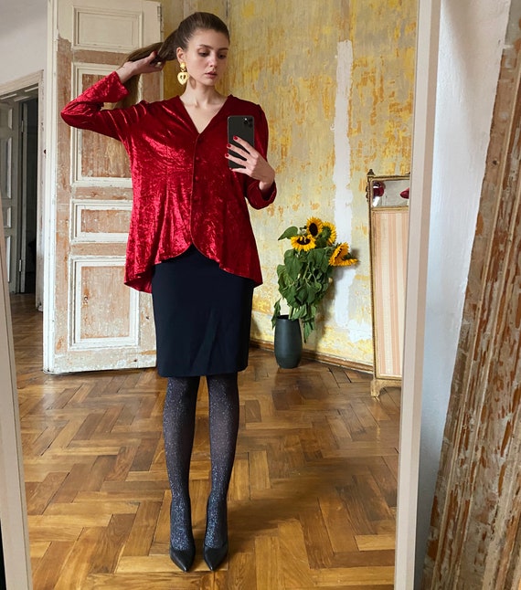 90s Crushed Velvet Top, Red Velvet Shirt, Grunge T