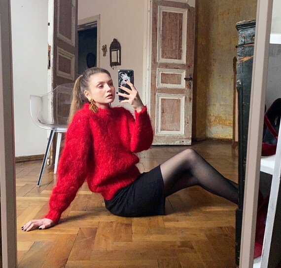 Vintage Red Mohair Sweater, 80s Wool Sweater