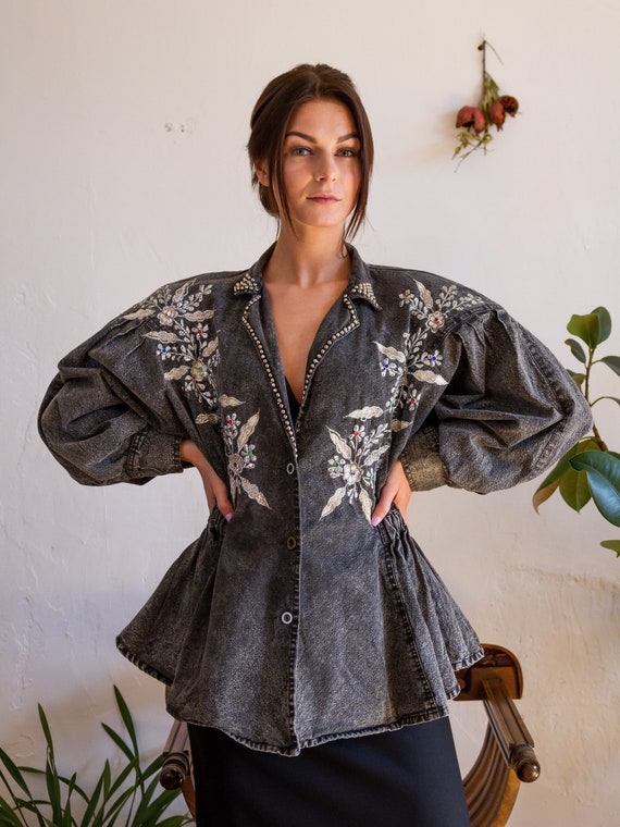 80's Puff Sleeve Denim Jacket, Statement Embellish