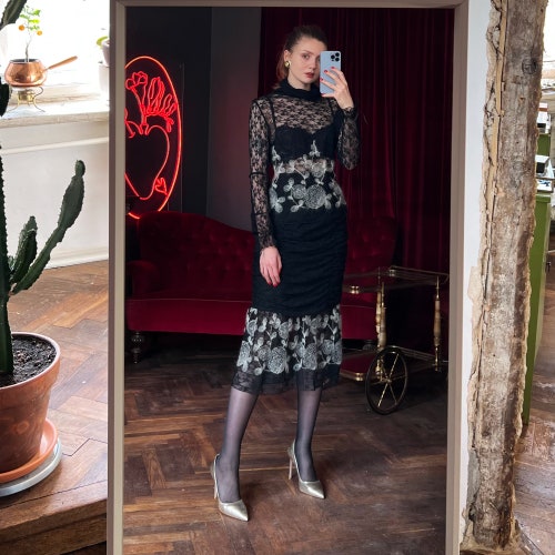 1990's Sheer Lace Skirt Suit with Mohair Embroidery, Italian Sheer Black suit shops dress