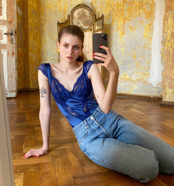 Vintage Blue Velvet Bodysuit, Lace Bodysuit with S
