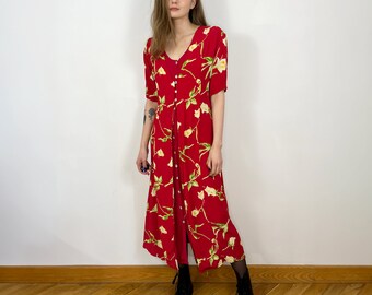 Vestido maxi floral rojo de la década de 1990, vestido de té con botones de manga corta, vestido largo,