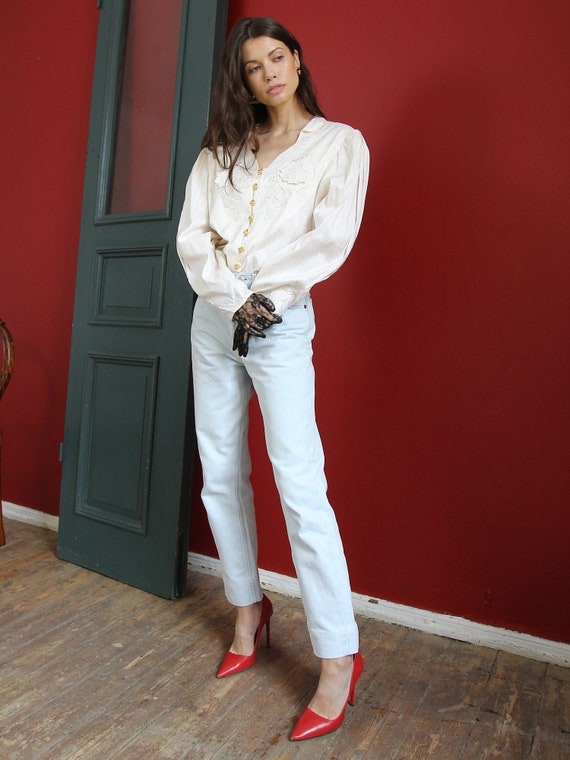 Vintage White Silk Blouse, 70s Victorian Style