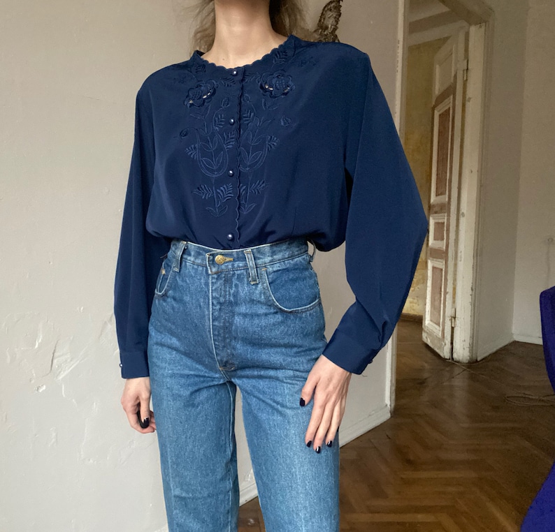 Vintage 80s Navy Blue Satin Blouse with Embroidery
