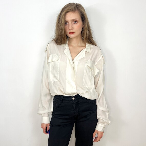 Vintage Oversized White Silk Blouse With Shoulder Loop Vintage Oversized White Silk Blouse With Shoulder Loop