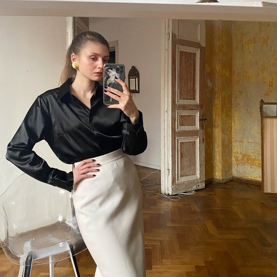 Vintage Black Satin Shirt, Minimalist Blouse
