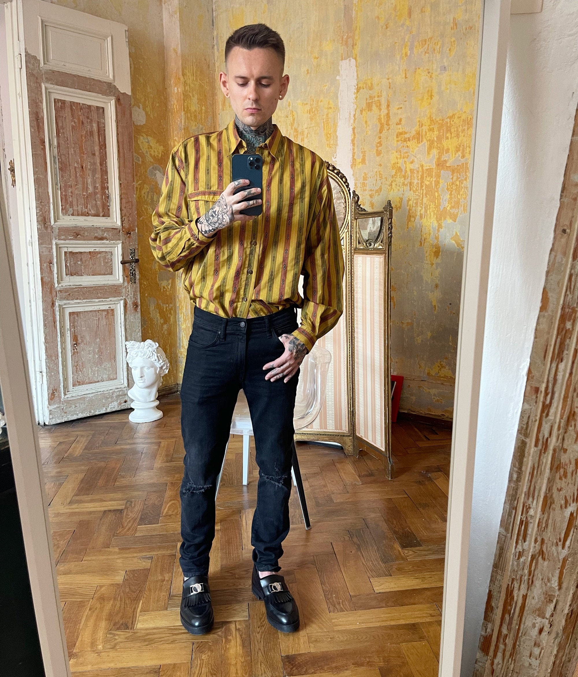 Vintage Mostaza a rayas amarillas camisa de vestir para hombre - Main Image