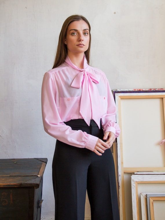 Vintage Pink PussyBow Blouse, Chiffon Sheer Blouse