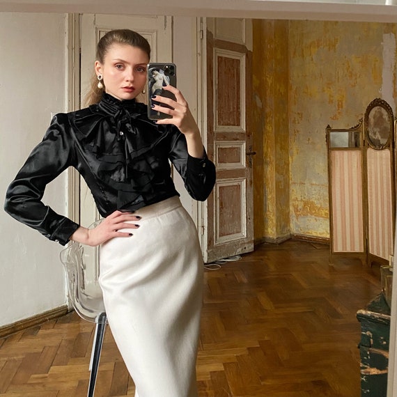 Vintage Black Satin Blouse with Ruffles, Gothic Ja