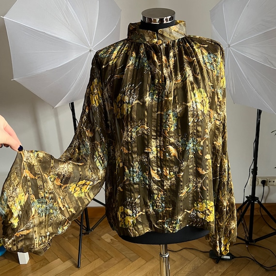 Vintage Sheer Silk Blouse, Bishop Sleeve Floral B… - image 7