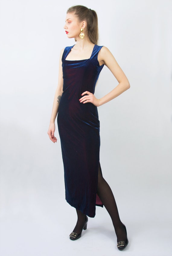 iridescent blue velvet dress Petite Carolina Long Velvet V-Neck Sequin Sleeve Dress