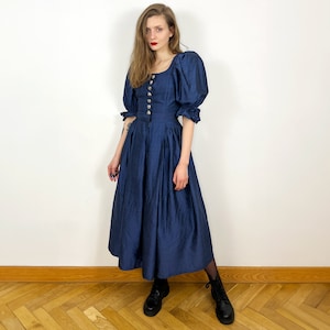 Vintage Navy Blue Silk Dress, Austrian Dress, Prairie Dress, Pure Silk Fit and Flare Dark Cottagecore dress zdjęcie 3