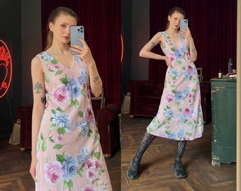 Vintage Pink Floral Dress, Sleeveless Chiffon Dress, Garden Party Dress, Long Sun Dress, Midi dress