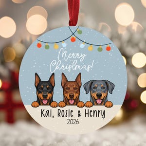 May include: A round ceramic Christmas ornament featuring a light blue background with white snowflakes and a string of colorful holiday lights. Three Doberman dogs are illustrated at the bottom with the text Merry Christmas, Kai, Rosie & Henry 2026.