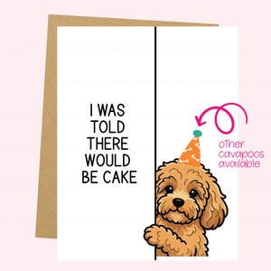 May include: Greeting card with a cartoon Cavapoo wearing a party hat. The text reads "I WAS TOLD THERE WOULD BE CAKE." A pink arrow points to the text "other cavapoos available."