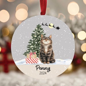 May include: A round, gray Christmas ornament with a brown tabby cat sitting in front of a decorated Christmas tree. The cat is smiling and there is snow on the ground. The ornament has the name "Penny" and the year "2024" printed on it.