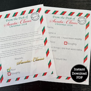 Conjunto de cartas desde y hacia Papá Noel, Navidad 2024 con rayas rojas y verdes, Descarga digital DIY imprimible, Lista oficial de Niza, Nochebuena
