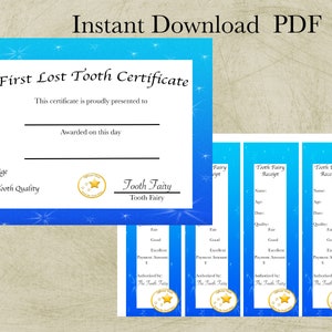 Certificados da fada dos dentes, download digital instantâneo para impressão em PDF, primeiro dente perdido, faça você mesmo, primeiro bebê, acessório de travesseiro da fada dos dentes, recibo