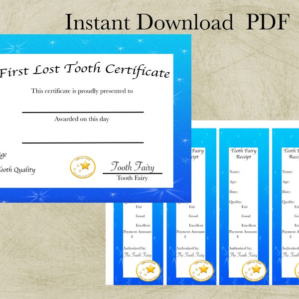 Tooth Fairy Certificates, Printable Instant Digital Download PDF, First Lost Tooth, DIY, baby's first, tooth fairy pillow accessory, receipt