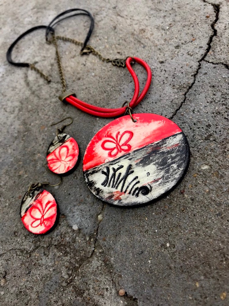 Unique Black And Red Necklace Large Pendant Necklace With Red Dangle Earrings Red Butterfly Pendant Necklace and Earrings Set