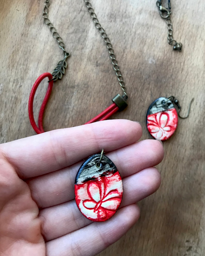 Unique Black And Red Necklace Large Pendant Necklace With Red Dangle Earrings Red Butterfly Pendant Necklace and Earrings Set