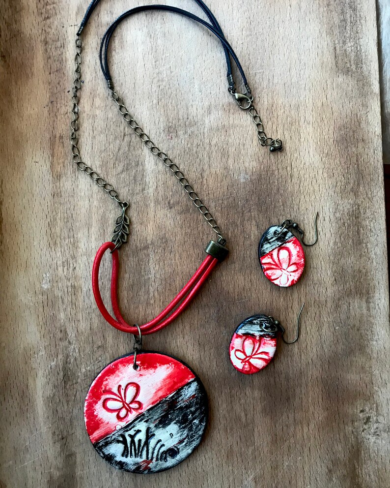 Unique Black And Red Necklace Large Pendant Necklace With Red Dangle Earrings Red Butterfly Pendant Necklace and Earrings Set