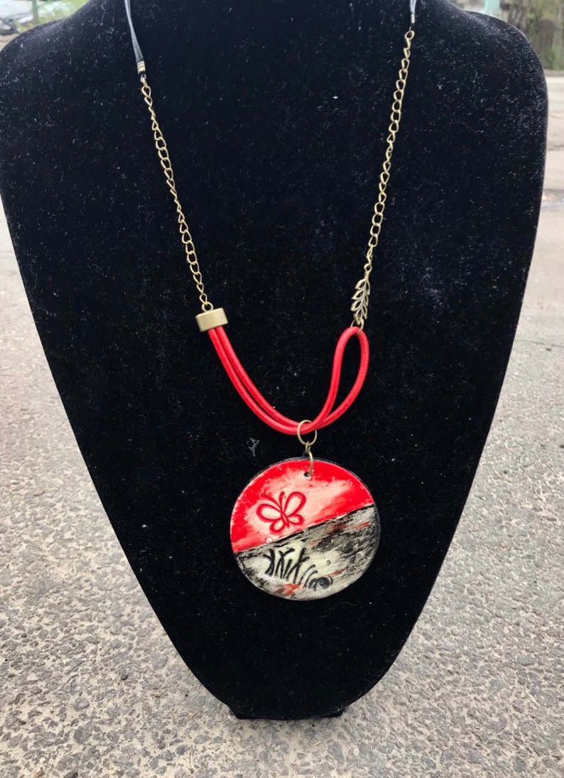Unique Black And Red Necklace Large Pendant Necklace With Red Dangle Earrings Red Butterfly Pendant Necklace and Earrings Set