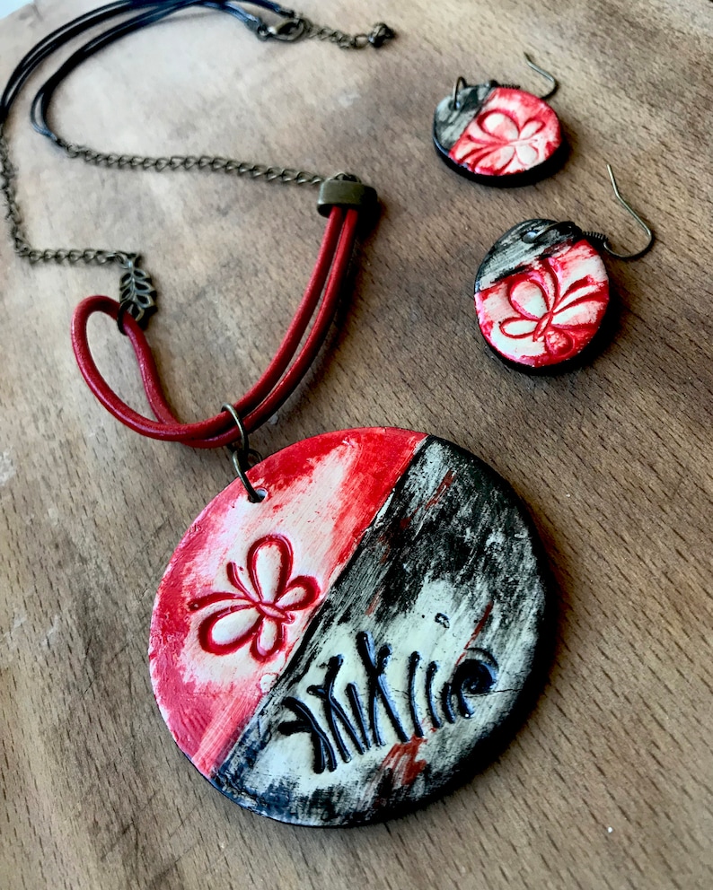 Unique Black And Red Necklace Large Pendant Necklace With Red Dangle Earrings Red Butterfly Pendant Necklace and Earrings Set