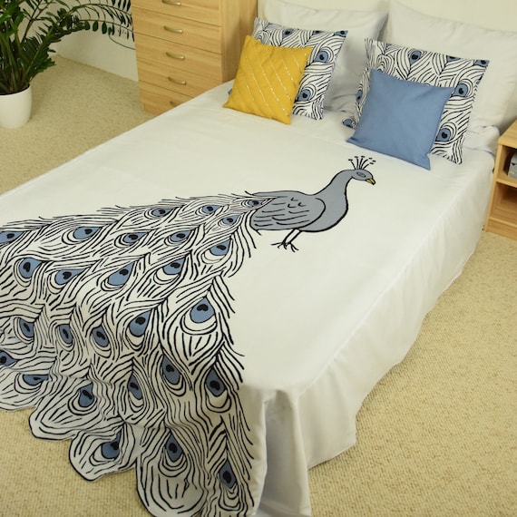 Peacock Bedroom Set Blue Pillow Yellow Pillow White Pillow Handcrafted Handcrafted Pillows Sequins Pillowcase