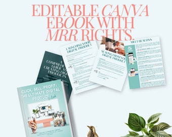Puede incluir: Un ebook de producto digital con fondo blanco y un esquema de color azul, verde y blanco. El ebook se titula "Click, Sell, Profit: The Ultimate Digital Product Ebook". La portada del ebook presenta una pantalla de computadora con una copa de vino y una bolsa floral.