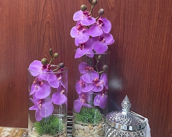 Silk orchid floral arrangement in glass vase\ orchids arrangements \ arrangements\ centerpieces/faux orchids/acrylic water