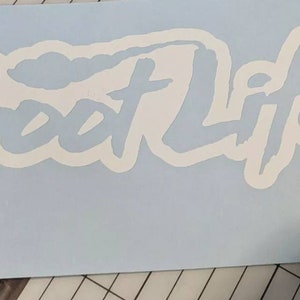 May include: White vinyl decal with the words "Scoot Life" in a stylized, brushstroke font on a light blue background.
