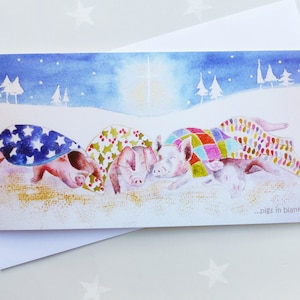 Carte de Noël Pigs in Blankets d’après une aquarelle originale