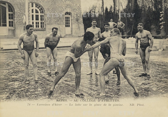 Fighting naked men on the street Vintage post card 1900s Art Print Handsome  Naked Man Gay Interest Mature Homoerotic 7050