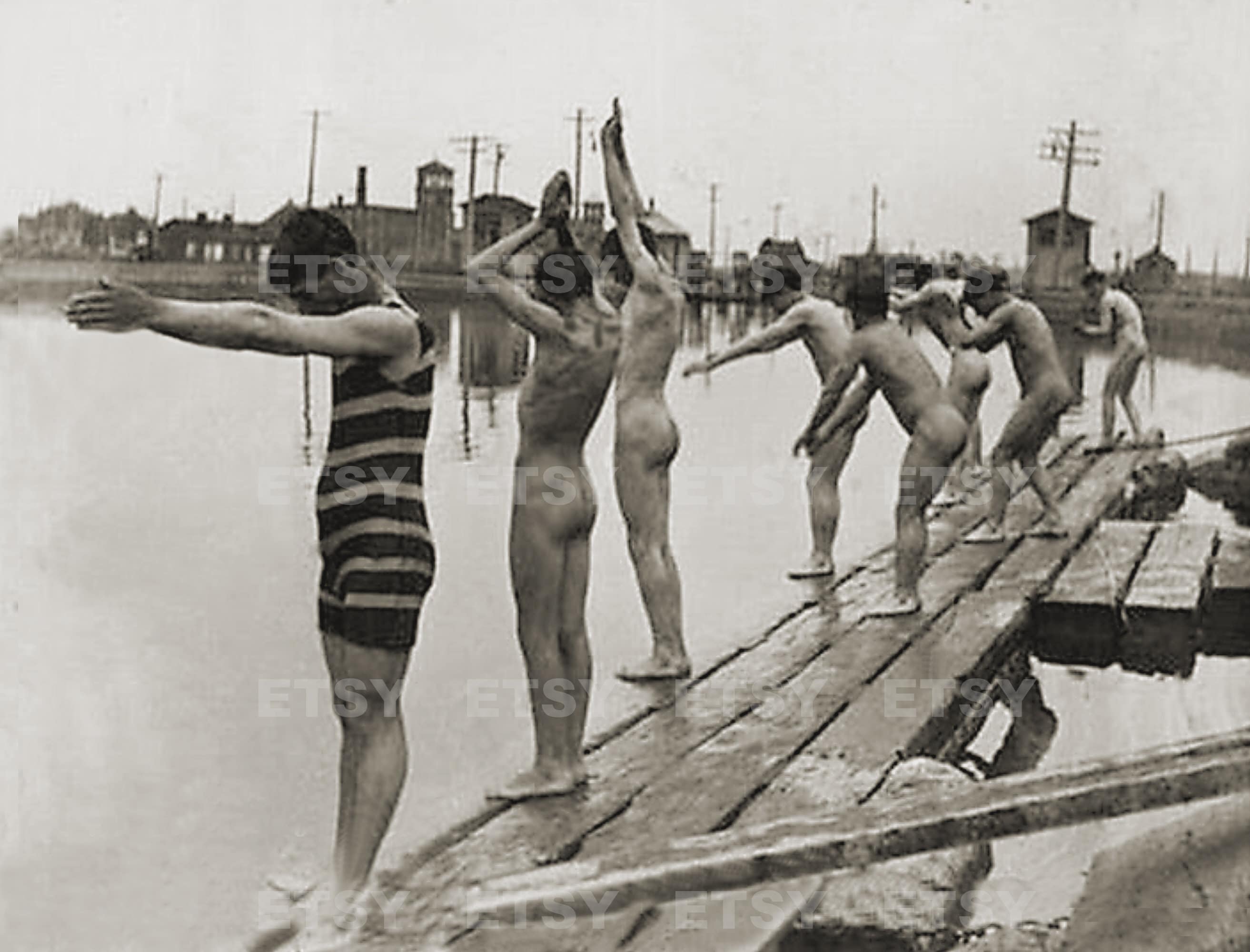 1900s Club of bathers Nude males Vintage Photo Photograph Print Gay Interes...